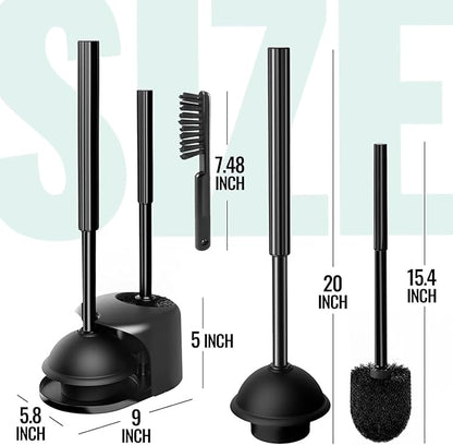 3PACK 4 in 1 Toilet Brush and Plunger Set with Crevice Cleaning Brush, Toilet Plunger and Brush Set with Extra Long Handle, Plungers for Bathroom Accessories, Toilet Plunger with Holder, Bright Black