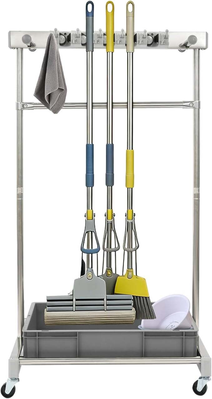 Broom Mop Holder Cleaning Supplies Organizer, Mobile Mop Rack with Water Basin & 12 Hooks, Freestanding Cleaning Tool Cart Storage Rack for Home Garden Garage Schools Hotels (Grey Basin)