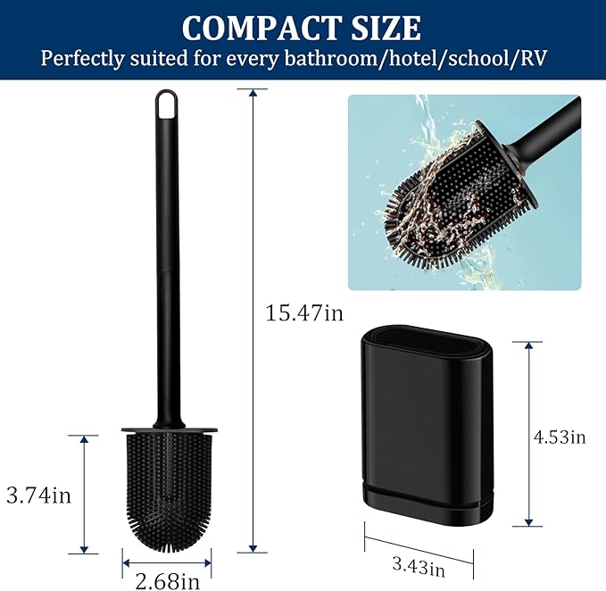 Silicone Toilet Brush and Holder Set, Toilet Brushes with Ventilated Holder, Wall Mounted Toilet Bowl Brush with Long Handle Bendable Brush Head, Black Toilet Brush Cleaner for Bathroom RV
