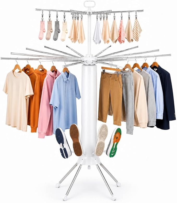 Tripod Clothes Drying Rack, Space Saving Rust-Proof Aluminum, Rotating Foldable Portable Stand for Laundry, Indoor & Outdoor Garment Rack + Bonus Lint Roller