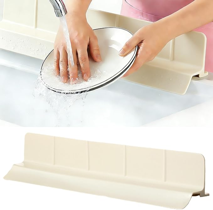Food Grade Silicone Sink Splash Guard (23 Inch), 7 Strong Suction Cups Non-Slip Water Protector, Dishwasher Safe & Cuttable for Kitchen/Bathroom Countertops (Cream)