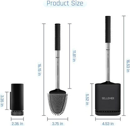 Sellemer Toilet Brush and Holder Set - Flexible Toilet Bowl Brush Head with Silicone Bristles, Compact Size for Storage and Organization, Ventilation Slots Base (2 Pack, Black)
