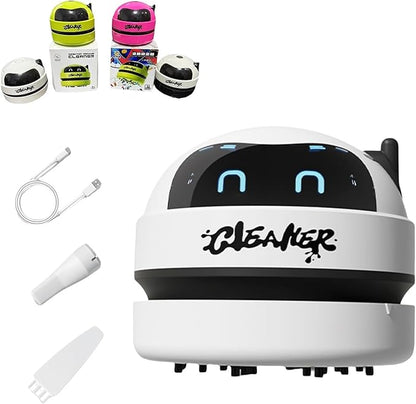 Desktop Vacuum Cleaner, Robot Design USB Rechargeable Cordless Mini Vacuum with 3-Speed Adjustment, LED Display & Detachable Nozzle for Home, Office, Car, Keyboard and Desk Cleaning,White