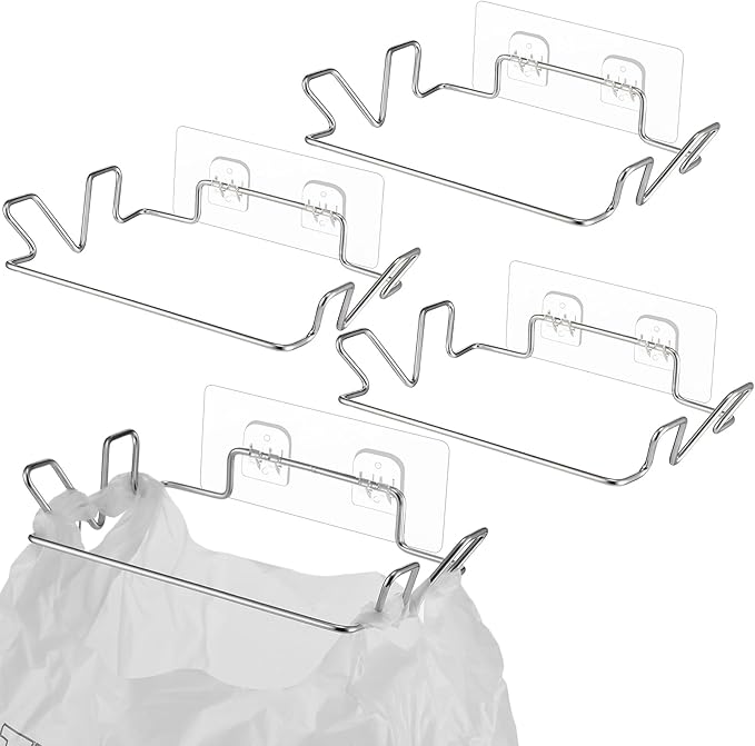 Tandefio 4 Pcs Stainless Steel Trash Bag Holder for Kitchen Cabinet Door and Cupboards with Wall Sticker Base Portable Under Sink Bag Holder for Plastic Bathroom Camper Picnics