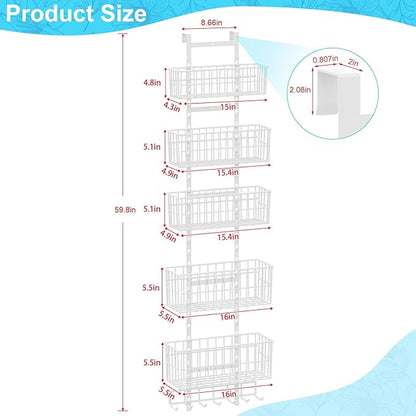 Hongtamoya Over The Door Organizer, Hanging Door Organizer with 5 Metal Baskets, Behind The Door Storage for Pantry Closet Bedroom Bathroom Cabinet Kitchen, White
