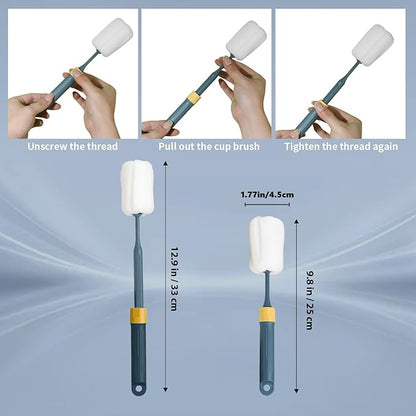 Sponge Bottle Brushes Adjustable Long Handle Up to 12.9” High Density Foam Bottle Brush Head Hanging Design with 4 Traceless Hooks– Bottle Brush Cleaner for Water Bottle & More (2 Pack)