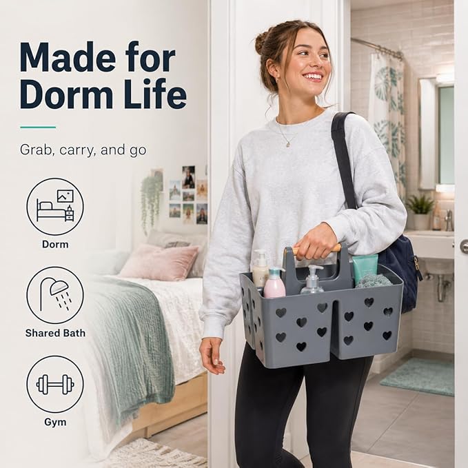 NINU Gray Portable Shower Caddy with Wooden Handle, Large Plastic Shower Basket Tote with 3 Compartments & Drain Holes, Bathroom Organizer for College Dorm, Gym, Camping, Vanity