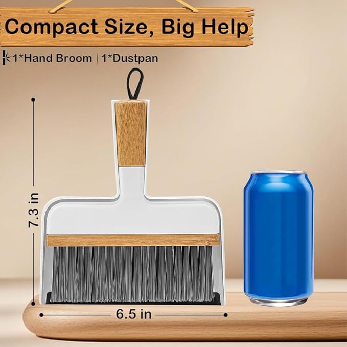 THINKLEARN Mini Dustpan and Brush Set, Portable Broom and Dustpan Combo Set with Bamboo Handle, Handheld Broom Set for Cleaning Desk Drawers Sofas and RV