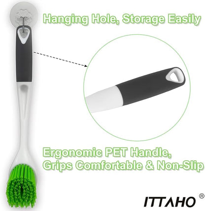 Dish Scrubber Set, Kitchen Brush for Cleaning with Scraper Edge, Green Multi-Purpose Scrub Brush with Handle for Dishes,Sink,Pots,Pans,Shower,Tile,Tubs - 3 Pack