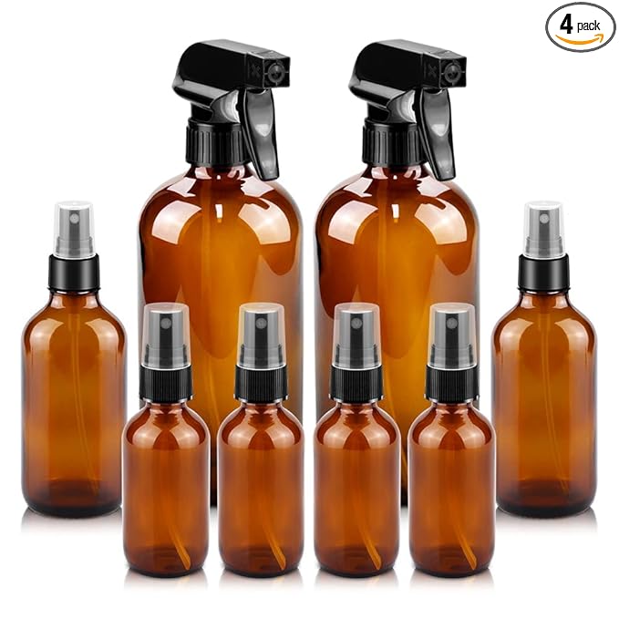 Worldgsb Glass Spray Bottles, 16oz*2+4oz*2+2oz*4 Refillable Containers, Empty Boston Round Bottles with Adjustable Nozzle for Cleaning, Gardening, Aromatherapy, Pets, Plant, Hair -Amber