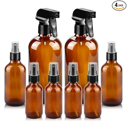Worldgsb Glass Spray Bottles, 16oz*2+4oz*2+2oz*4 Refillable Containers, Empty Boston Round Bottles with Adjustable Nozzle for Cleaning, Gardening, Aromatherapy, Pets, Plant, Hair -Amber
