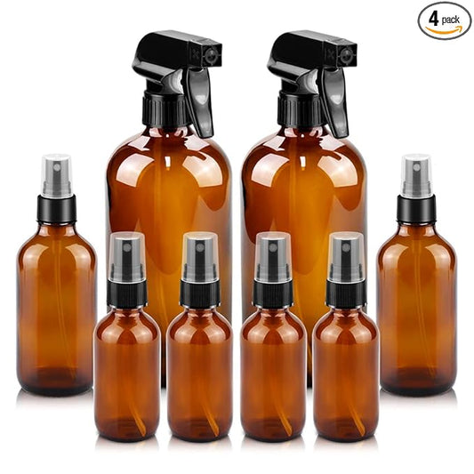 Worldgsb Glass Spray Bottles, 16oz*2+4oz*2+2oz*4 Refillable Containers, Empty Boston Round Bottles with Adjustable Nozzle for Cleaning, Gardening, Aromatherapy, Pets, Plant, Hair -Amber