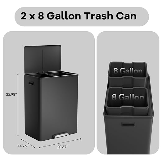 Large Stainless Steel Dual Compartment Recycling Trash Can 60 l/16 Gal Recycle Bins with Lid Waste Bin with Removable Buckets, Bathroom,Kitchen Garbage Can,Black