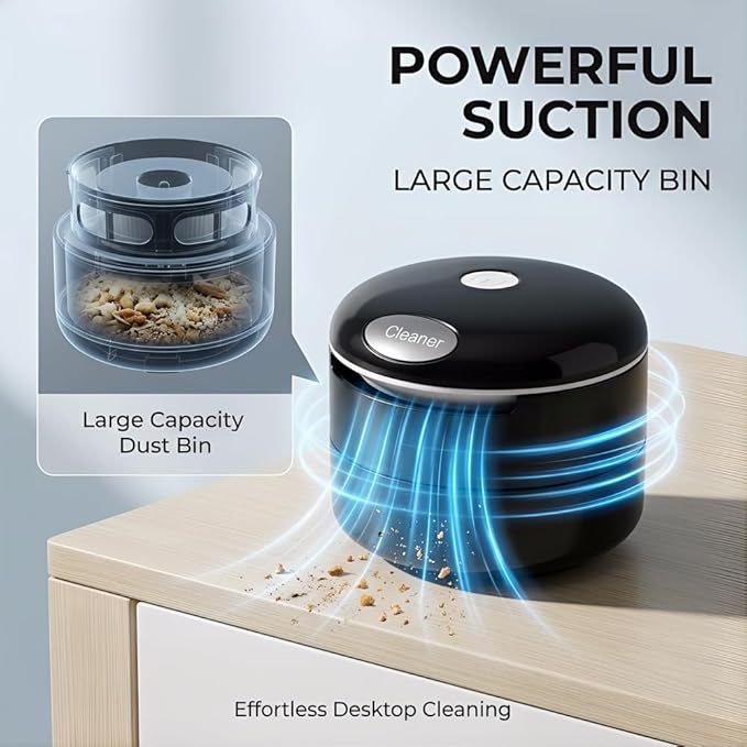 Desktop Vacuum Cleaner, Mini Portable Battery Powered Desktop Dust & Crumbs Sweeper for Keyboard, Desk, Home, Office and Car Cleaning, Black