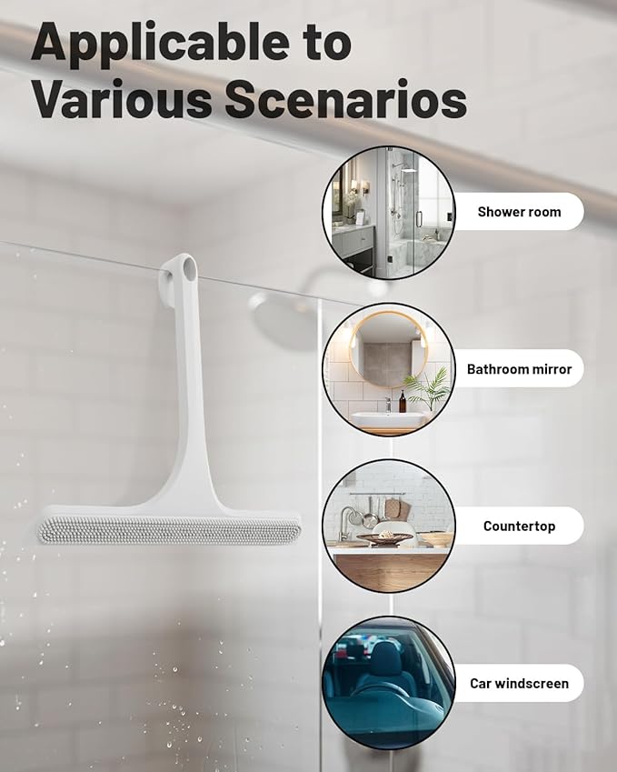 2-in-1 Silicone Shower Squeegee with Hook,Dual-Sided Design with Scraper & Scrub Surface,Streak-Free Bathroom Squeegee for Glass Doors,Mirrors,Windows,Car Windshields (White)