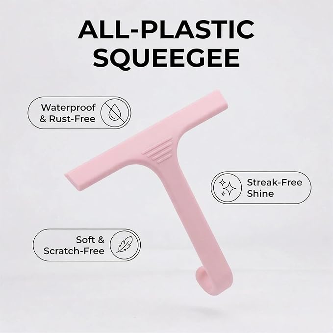 Silicone Shower Squeegee - All-in-One Design with Built-in Hook, 10 Inch Streak-Free Bathroom and car Cleaner for Glass Doors, Mirrors, Windows, Tiles Pink