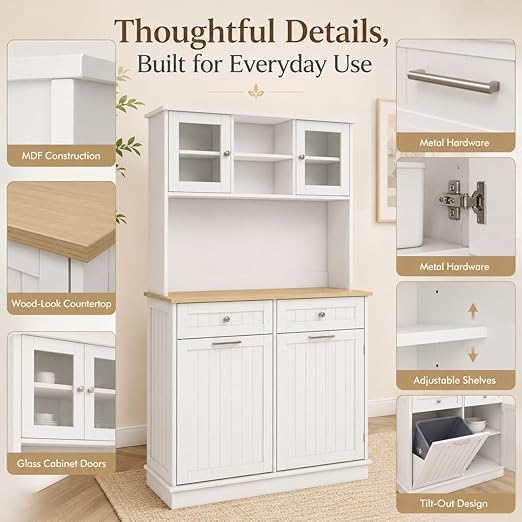 RASOO Trash Can Cabinet 67.7" Tall Kitchen Pantry Storage Sideboard Freestanding Tilt Out Trash Can 10 Gallon Glass Doors with 2 Drawers Microwave Coffe Bar