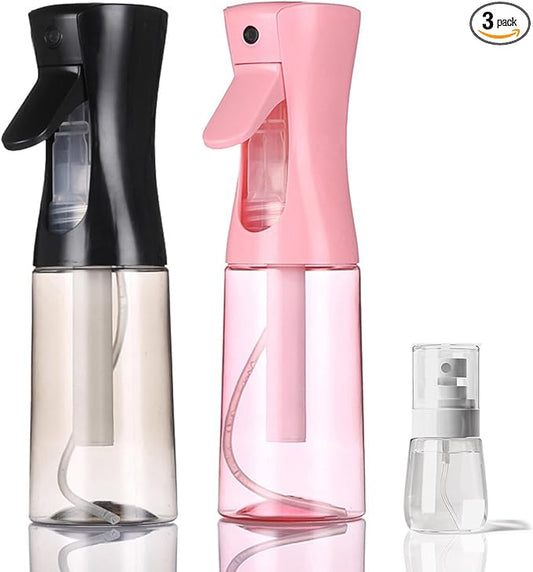 3 Pack Spray Bottles, 2-Pack Continuous Spray Bottles,Fine Water Mist Spray Bottles for Hair 6.8 OZ (200 ML) and 1oz 30ml Travel Spray Bottle Mister for Cleaning,Hairstyling,Plants,Pets Pink Black