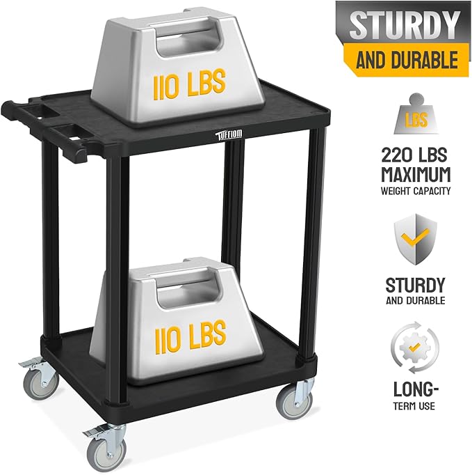 TUFFIOM 3-Tier Plastic Service Utility Cart, Rolling Flat Cart with Wheels, Large Capacity, Multi-function Handle Storage and Mute Flexible Wheels with Braker, Great for Office Warehouse Garage, Black