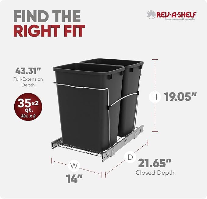 Rev-A-Shelf Double 35 Qt Pullout Trash Can for Base Kitchen Cabinets, Garbage Waste Bin System with Full-Extension Slides, Min Opening Width of 14.5", Black, RV-18KD-18C S