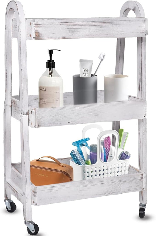 3-Tier Wooden Rolling Cart- Wooden Utility Cart wit Wheels- Utility Rolling Cart-Storage Trolley Organizer- Rolling Kitchen Serving Cart for Office,Kitchen, Kids' Room (Retro White)