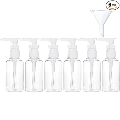TecUnite 6 Pack Small Pump Bottles Clear Travel Bottle Plastic Empty Spray Dispenser Hand Lotion Sanitizer Refillable Accessories Set with Small Funnel for Flight, Airport, Holiday