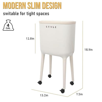 XPIY 4 Gallon Trash Can with Wheels and Lid, Modern Narrow Garbage Can with Raised Legs, Space-Saving Rolling Dog-Proof Trash Bin for Bathroom, Kitchen, Bedroom, Office (1, White-1)