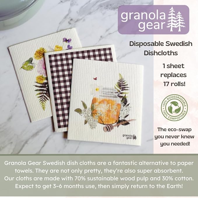 Swedish Dishcloths for Kitchen 6-Pack Reusable Paper Towels, Eco-Friendly, Compostable, Biodegradable Dish Wash Cloths, Washable Sponge, Watercolor Honey Art-Sweet as Can Bee