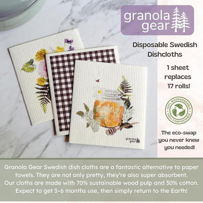 Swedish Dishcloths for Kitchen 6-Pack Reusable Paper Towels, Eco-Friendly, Compostable, Biodegradable Dish Wash Cloths, Washable Sponge, Watercolor Honey Art-Sweet as Can Bee