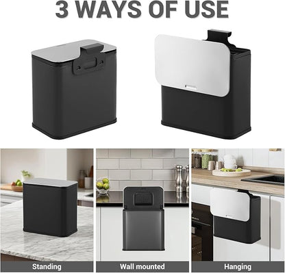 GarveeHome 1.3 gal/5L Countertop Compost Bin with Lid, Hanging Small Trash Can with Odor Control Charcoal Filter ＆ Bucket Under Sink for Kitchen, Hanging/Wall Mounted/Standing Food Waste Bin, Black