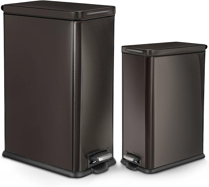 Home Zone Living 8 Gallon and 3 Gallon Slim Black Stainless Steel Trash Can Combo Set with Soft-Close Lid and Bag Tuck Design