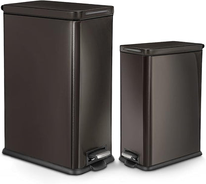 Home Zone Living 8 Gallon and 3 Gallon Slim Black Stainless Steel Trash Can Combo Set with Soft-Close Lid and Bag Tuck Design