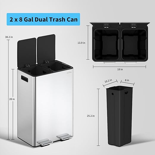 mVm 2x8 Gal Gal Dual Trash Can, 16 Gal Kitchen Trash Can with Thick Lids, 2 Compartment Recycle Bin for Home Kitchen Office (Silver)