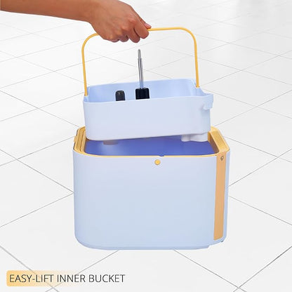 True & Tidy® TrueClean Mop and Bucket System Plus with New Easy Lift Inner Bucket, Self Wringing, Separates Clean from Dirty Water, Folding Mop Head, Dual Brush System, 4-pc Machine Washable Pads