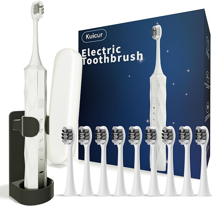 Kuicur Diamond Style - Electric Toothbrush, 10 Brush Heads & Travel Case, 42,000 VPM Electric Motor & Wireless Charging, 15 Modes with Smart Timer, Ultra Whitening Toothbrush for Adults and Kids