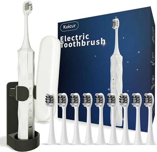 Kuicur Diamond Style - Electric Toothbrush, 10 Brush Heads & Travel Case, 42,000 VPM Electric Motor & Wireless Charging, 15 Modes with Smart Timer, Ultra Whitening Toothbrush for Adults and Kids