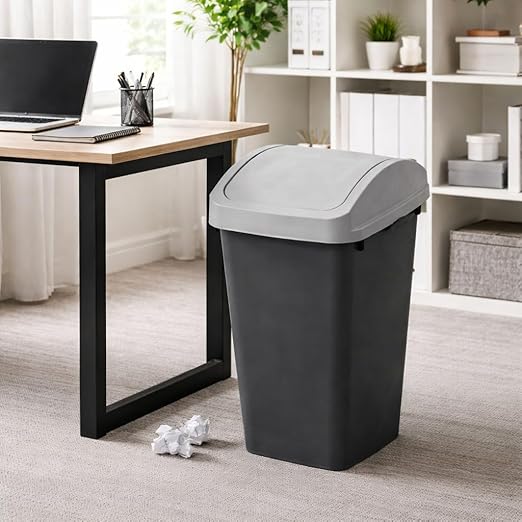 SKYREN 13 Gallon Kitchen Trash Can with Swing Top Lid, Plastic Garbage Bin for Home, Office, and Kitchen Waste, Large Capacity Wastebasket, Light Gray (12 Gallon)