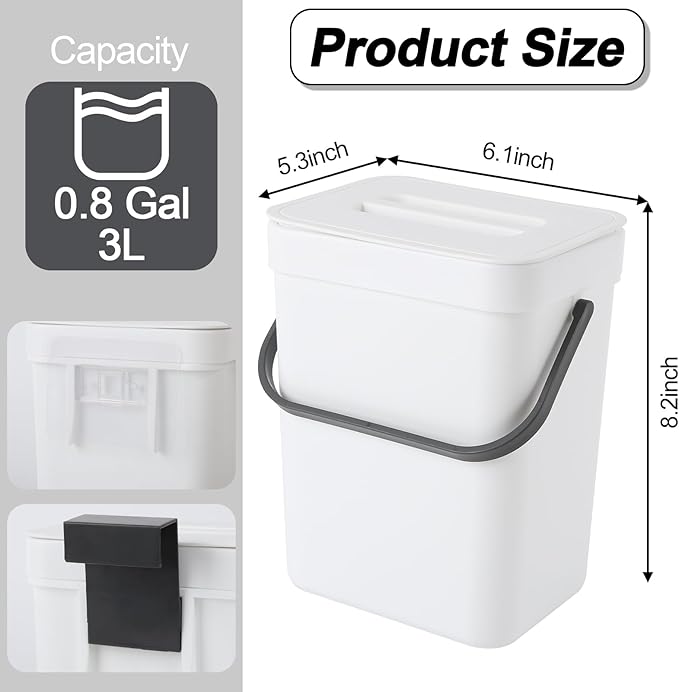 0.8 Gallon/3L Compost bin Kitchen, for use on countertops or Under Sinks, Hanging Trash can with lid, for Cupboard/Bathroom/Bedroom/Office/Camping, Mountable Indoor Compost Bucket(White)