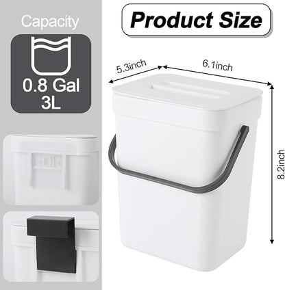 0.8 Gallon/3L Compost bin Kitchen, for use on countertops or Under Sinks, Hanging Trash can with lid, for Cupboard/Bathroom/Bedroom/Office/Camping, Mountable Indoor Compost Bucket(White)