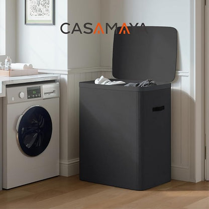 CASAMAYA Laundry Basket with Lid, Laundry Hamper 2 Section, 170L collapsible Laundry Organizer, Easy Assembly, with Handles and Removable Liners, 22 x 15.7 x 29.5 Inches, Black JSP903B