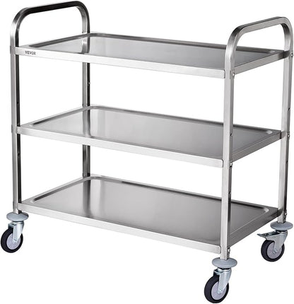 VEVOR Kitchen Utility Cart, 3 Tiers, Wire Rolling Cart with 220LBS Capacity, Steel Service Cart on Wheels, Metal Storage Trolley with 80mm Basket Curved Handle PP Liner 6 Hooks, for Indoor and Outdoor