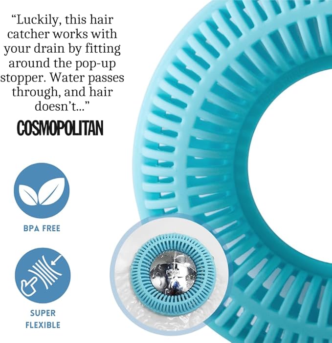 Hair Catcher for Shower Drain & Bathtub – TubRing Pop-Up Drain Protector & Strainer, Reusable Silicone Stopper for Bathroom Clog Prevention, Fits 1.85"–2.16" Drains | Aqua