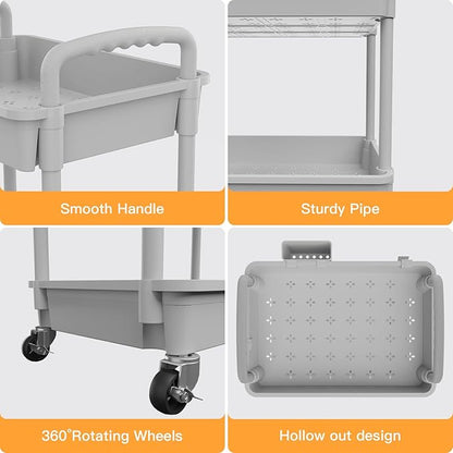 5 Tier Rolling Utility Cart with Handle,REBECAT Utility Cart Made of Multifunctional Storage Organizer Tool for Kitchen,Bathroom,Living Room,Office(Gray)