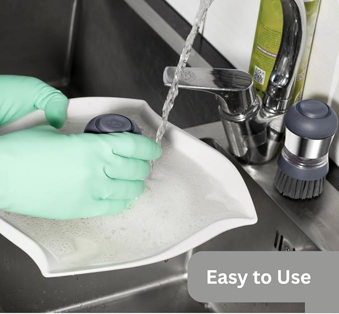 Stainless Steel Soap Dispensing Palm Brush for Pans & General Kitchen Dish Scrub | Grey Bristles | Dishwasher Safe