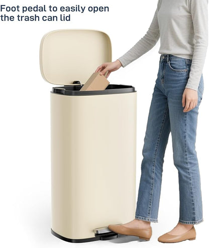 Arlopu 8/13.2 Gallon Step Trash Can, Stainless Steel Garbage Bin, Soft-Close Rubbish Bin with Removable Plastic Inner Bucket, Fingerprint-Proof, Lid Dustbin, Suit for Kitchen (Beige, 30L)