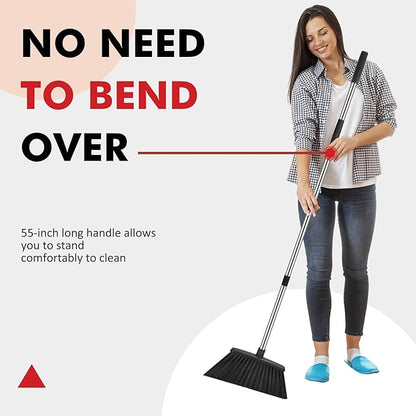 Heavy Duty Broom, 55 Inch Long Handle Outdoor Large Angle Brooms, Commercial Broom for Sweeping Indoor, for Home Garage Kitchen Office Courtyard Lobby Patio Lawn Concrete，Black