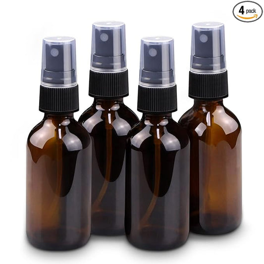 Wedama 4 oz Mini Glass Spray Bottles, Empty Small Spray Bottles with Funnel Dropper, Fine Mist for Hair, Travel, Plants, Cleaning Solutions and Skin Care (4 Pack Amber)