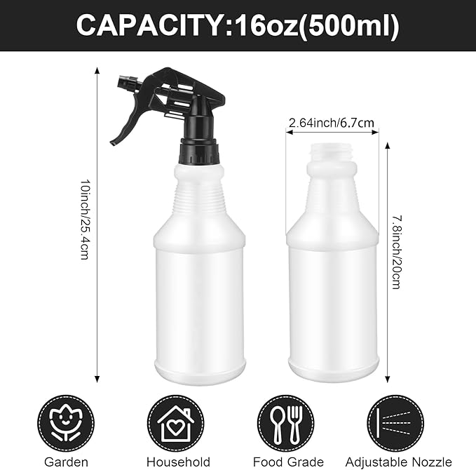 Eccliy 12 Pcs 16 Oz Plastic Spray Bottle, Adjustable Empty Reusable Sprayer for Cleaning, Planting, Water, Bathroom and Kitchen, BBQ, Commercial and Residential (Original,Black)