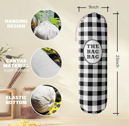 THE BAG BAG Plastic Bag Holder, Black and White Buffalo Check Plaid Grocery Bag Dispenser, Hanging Trash Bag Storage Organizer for Kitchen, Laundry Room, Pantry, Farmhouse Decor, Gifts For Grandma Mom