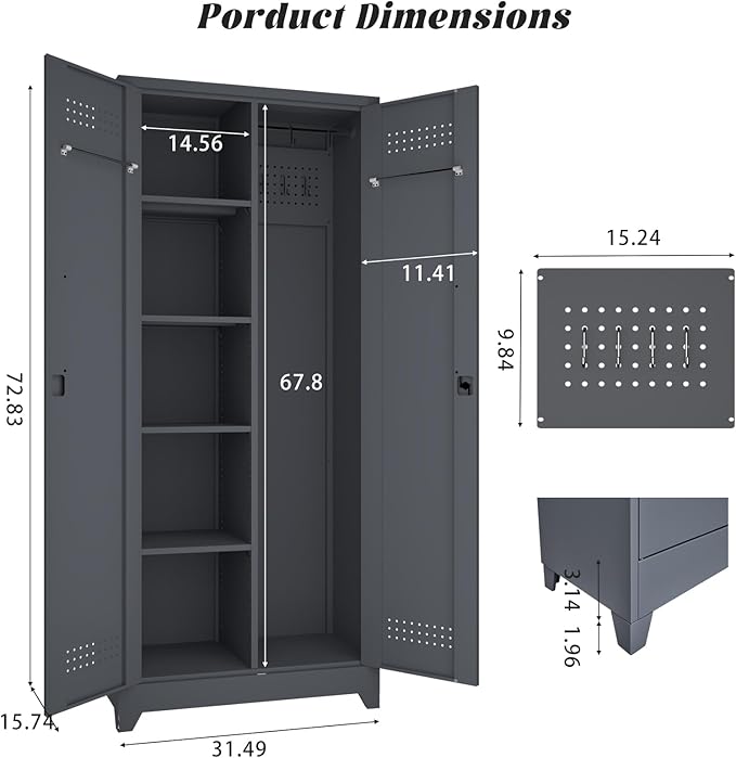 72.8" H Metal Broom Closet Storage Cabinet with 2 Doors and 4 Adjustable Shelves,Locking Storage Cabinets for Garage,Laundry Room,Grey